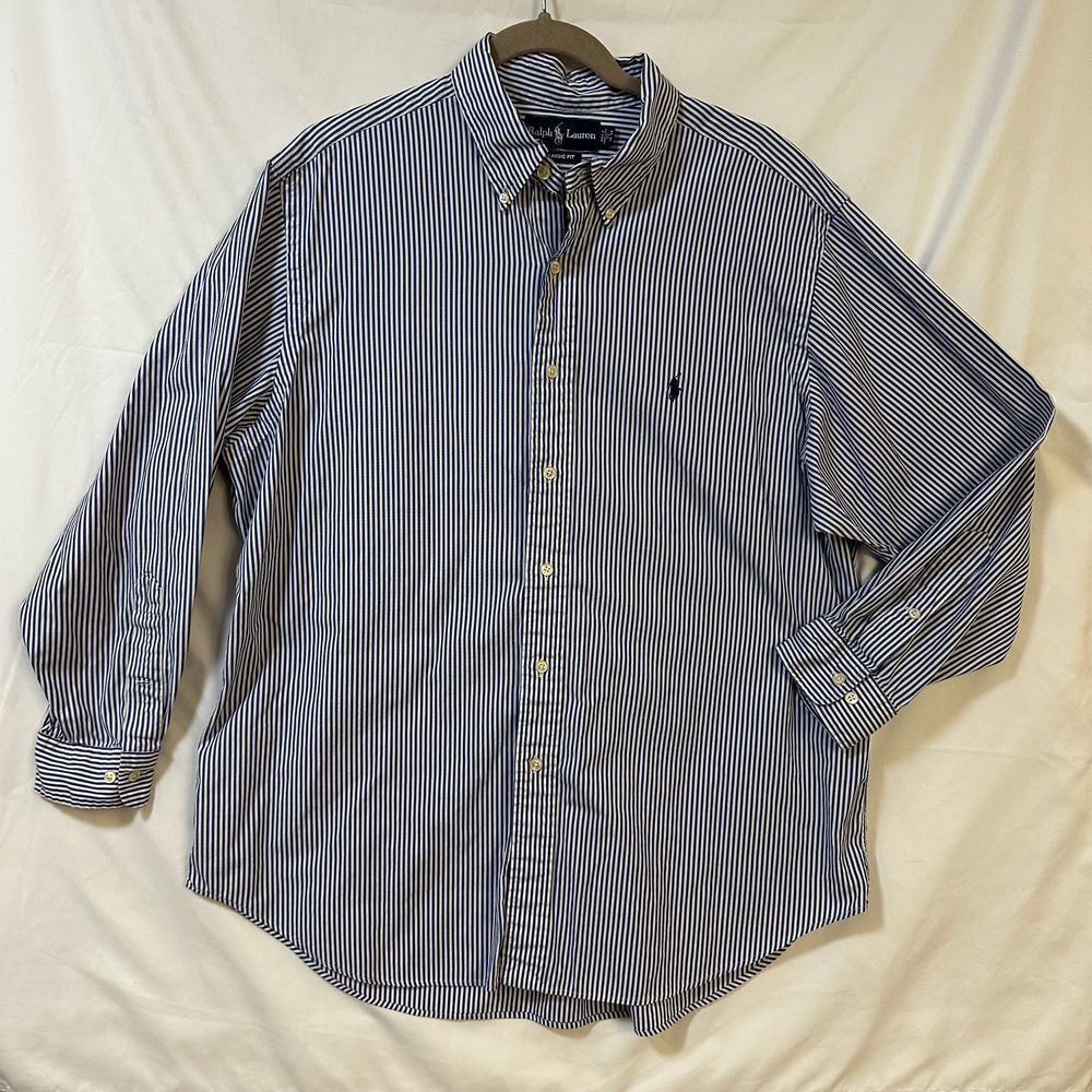 Ralph Lauren Button Down Long Sleeve Large Blue Stripe Dress Classic fit